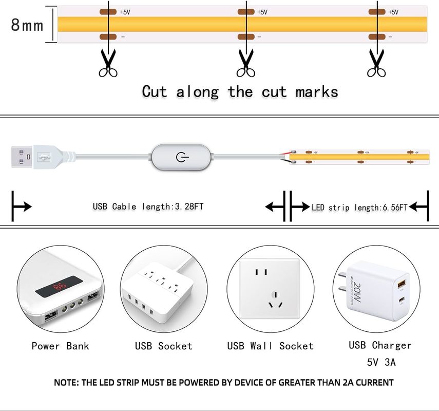 Hongtop COB Led Strip Lights 5V USB 6.56ft/2m 640LEDs Touch Stepless Dimmable 6000K Wit 13W