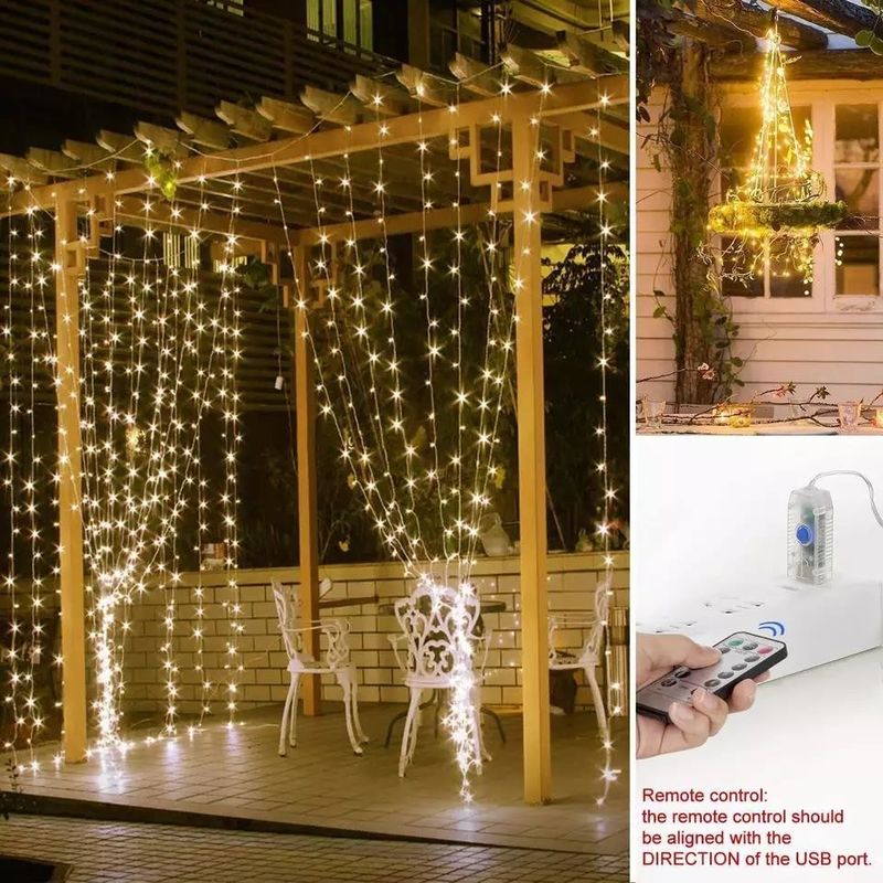 3500K Warm White LED Curtain Light voor slaapkamerdecoratie 3x2.4m 240d USB Power Modes