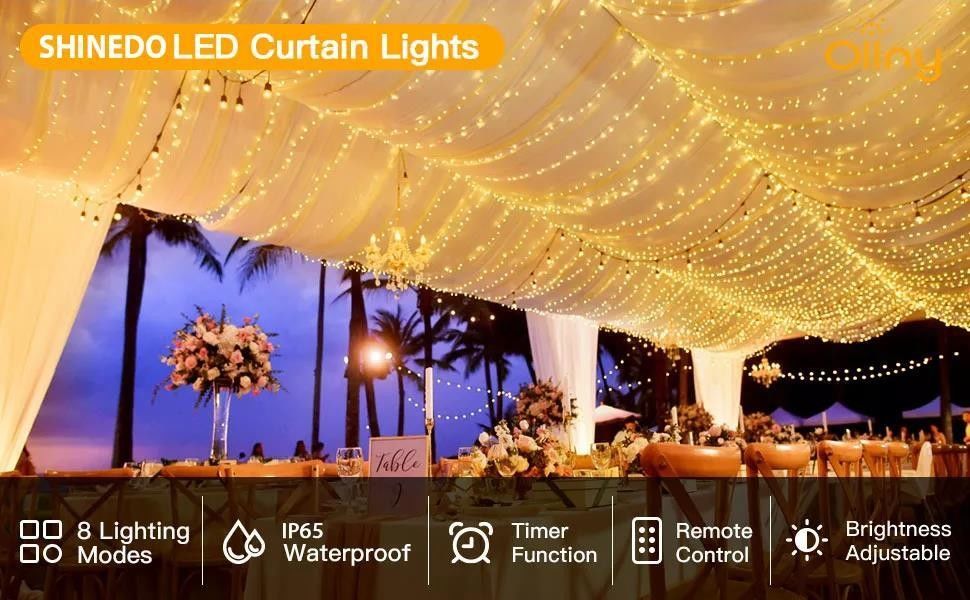 3500K Warm White LED Curtain Light voor slaapkamerdecoratie 3x2.4m 240d USB Power Modes